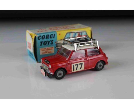 Boxed Corgi 339 1967 Monte-Carlo Winner BMC Mini Cooper S diecast model in red with race number 177, complete with roof rack 