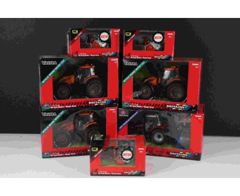 Seven boxed 1:32 Britains diecast farming models to include 3 x 43273 Metallic Orange Valtra T254, 43205 Massey Ferguson 5612