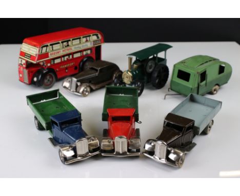 Six Triang Minic tin plate clockwork models including Tipper Truck, Lorry, Caravan, Steam Engine etc plus a mid 20th GB tin p