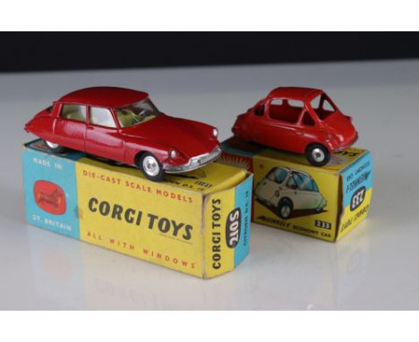 Two boxed Corgi diecast models to include 233 Heinkel I Economy Car By Special Request in red (paint loss) and 210S Citroen D