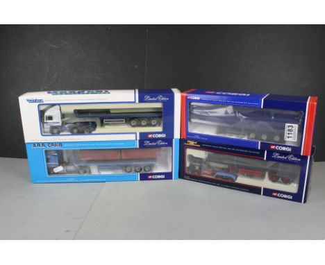 Four boxed Corgi 1:50 diecast models to include CC19901 Blue Curtainside Trailer, ltd edn CC12508 Atkinson Borderer Flatbed T