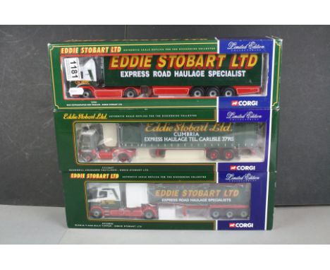 Three boxed 1:50 Corgi ltd edn Eddie Stobart Ltd models to include CC12607 Scammell Crusader Tautliner, CC12802 Scania T-Cab 