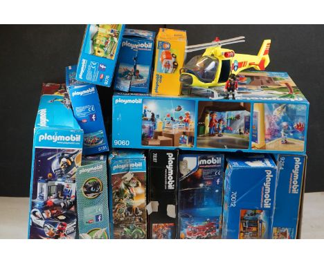 12 x Boxed Playmobil playsets to include 9464 Fire Engine, 70012 Western Take Along Western City, 70632 Dino T-Rex Attack, 70