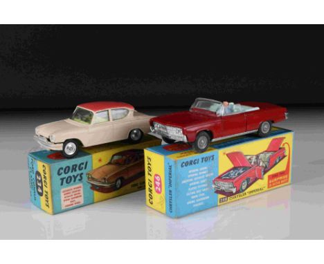 Two boxed Corgi 246 Chrysler Imperial diecast model in red, with driver, pale blue interior, and 234 Ford Consul Classic Ford