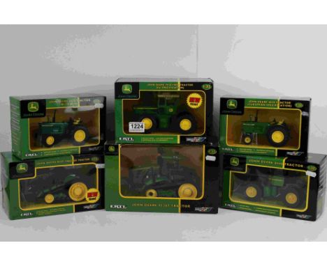 Six boxed 1:32 Britains ERTL John Deere diecast tractor models to include 42103, 42336, 42471, 42073, 42458 &amp; 40923, all 