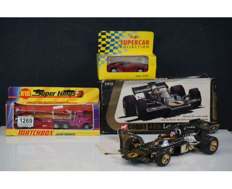 Three boxed diecast models to include Matchbox SuperKings K10 Articullated Trailer with Interlocking Pipes diecast model in m