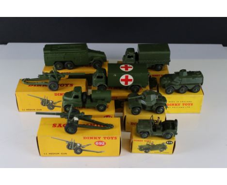 Nine boxed Dinky military diecast models to include 626 Military Ambulance, 670 Armoured Car, 677 Armoured Command Vehicle, 6