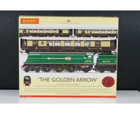Boxed Hornby OO gauge R2369 The Golden Arrow Train Pack complete and appearing unused with original inner papers 
