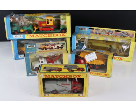 Six boxed Matchbox King Size diecast models to K17 Low Loader, K10 Pipe Truck, K11 DAR Car Transporter, K7 Refuse Truck, K19 