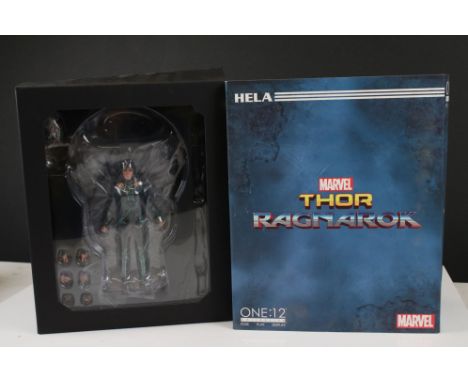 Boxed Mezco Toyz 1:12 scale Thor Raganrok Hela action figure, model in excellent condition and appearing complete, dents to c