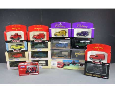 18 x boxed Corgi diecast models to include 4 x Royal Mail, 2 x Cadbury, 4 x Land Rover, 5 x Classic Vehicles, 1 x Road Transp