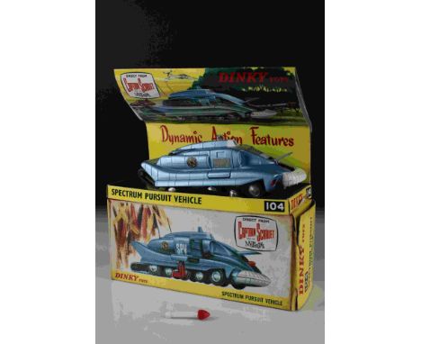 Boxed Dinky 104 Captain Scarlet Spectrum Pursuit Vehicle diecast model, diecast vg, with missile, inner display stand and out