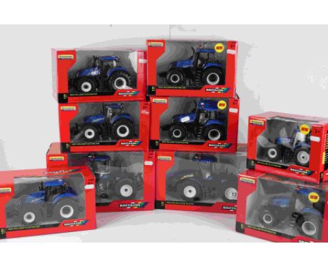 Nine boxed 1:32 Britains New Holland diecast tractors to include 43007 T8.435 Tractor, 2 x 43192 T9.530 Tractor, 3 x 43149A1 