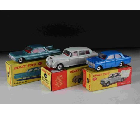 Three boxed Dinky diecast models to include 198 Rolls Royce Phantom V in two tone grey, 136 Vauxhall Viva in blue and 147 Cad