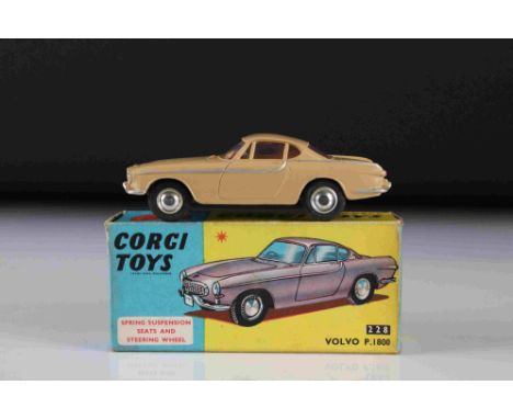 Boxed Corgi 228 Volvo P1800 diecast model in fawn, red interior, diecast excellent with minimal paint chips, gd box 