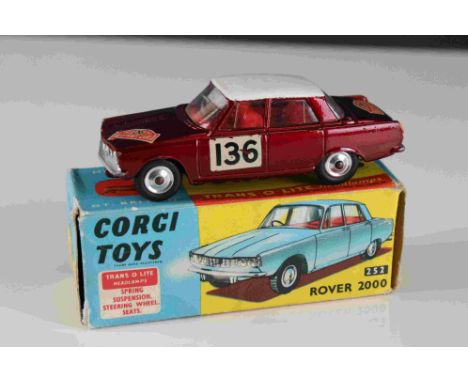 Boxed Corgi 252 Rover 2000 Monte Carlo diecast model in metallic red with white roof, race number 136 and Monte Carlo decals,