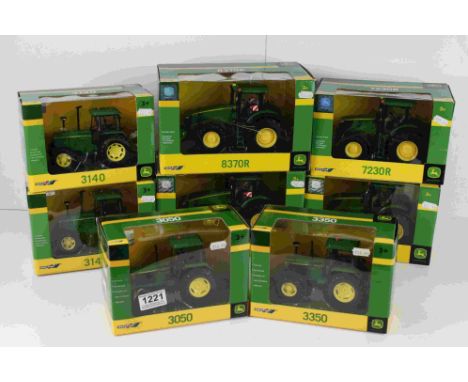 Eight boxed 1:32 Britains John Deere tractor models to include 2 x 42999 8370R, 2 x 43089A1 7230R, 2 x 42996 3140 &amp; 2 x 4