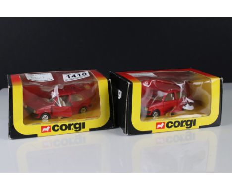 Two boxed Corgi 275 Austin Metro diecast models in red, appearing excellent, boxes showing window splits 