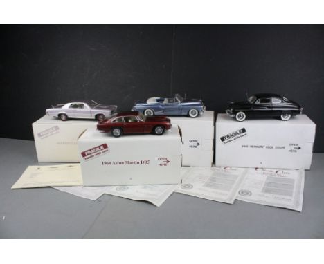 Four boxed Danbury Mint 1:24 scale diecast models to include 1949 Mercury Club Coupe in black, 1953 Buick Skylark in blue, 19