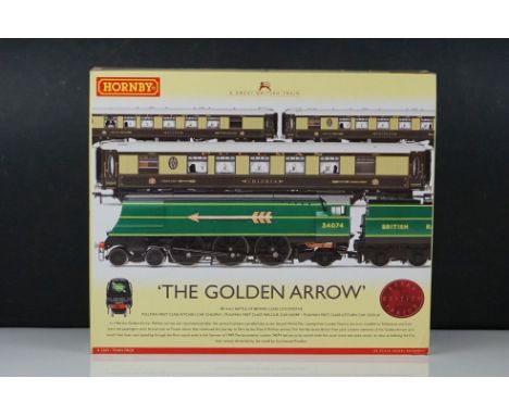 Boxed Hornby OO gauge R2369 The Golden Arrow Train Pack complete and appearing unused with original inner papers 