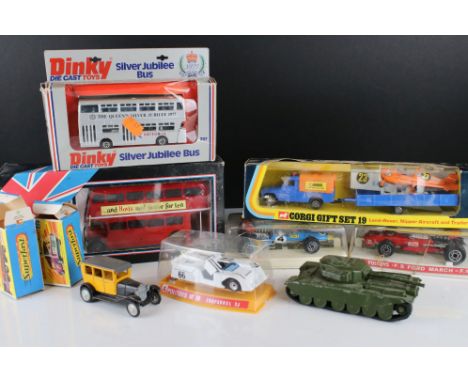 Six boxed diecast models to include Corgi GS19 Land Rover Nipper Aircraft and Trailer, 3 x Palitoys F1, Dinky Silver Jubilee 