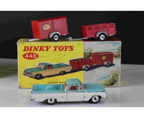 Boxed Dinky 448 Chevrolet Pick Up and Trailers diecast model set, diecast showing paint loss and wear, tatty box