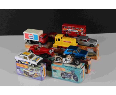 Nine boxed Matchbox 75 Series diecast models to include 39 Rolls Royce in silver, 67 Datsun 260-Z, 21 Renault 5TL, 50 Harley 