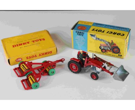 Boxed Corgi 69 Massey Ferguson 165 Tractor with Shovel diecast model (pain chips but gd overall with gd box) and boxed Dinky 