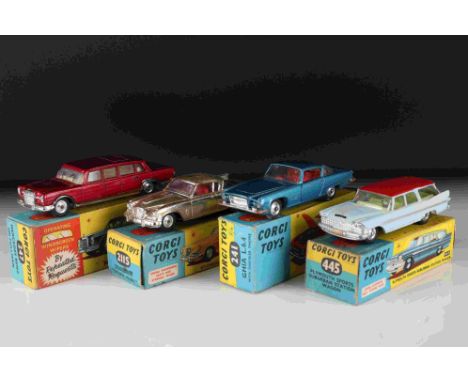 Four boxed Corgi diecast models to include 241 Ghia L.6.4 with Chrysler engine in metallic blue, 211S Studebaker Golden Hawk 