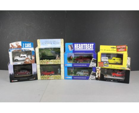 Eight boxed Corgi tv related diecast cars to include 05201 Only Fools and Horses "Reliant Regal" Super Van III, 00802 Fawlty 