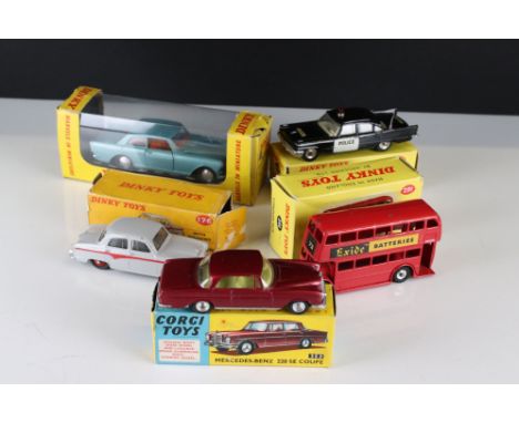 Five boxed diecast models to include 4 x Dinky (176 Austin A105 Saloon, 291 London Bus, 258 USA Police Car (loose light) &amp