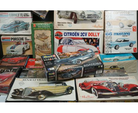 19 x Boxed plastic and diecast model kits to include 8 x 1:24 scale featuring Airfix Citroen 2CV Dolly, 3 x Heller featuring 