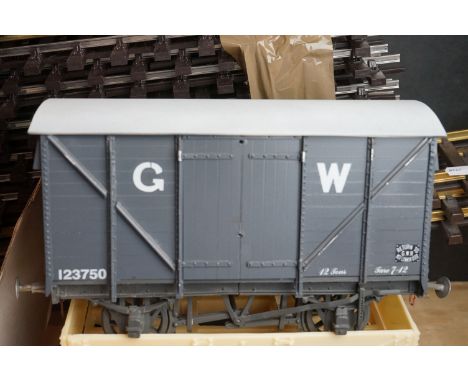 Quantity of G scale railway track straits plus boxed LMS G64 Kit and 3 x G scale wagons 