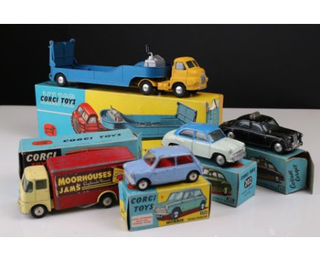 Five boxed Corgi diecast models to include Major 1100 Carrimore Low Loader with yellow cab, 459 ERF 44G Moorhouses Van, 209 R