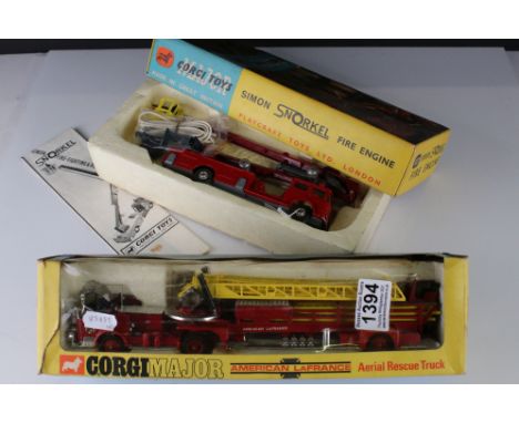 Two boxed Corgi diecast fire engines to include 1143 American LaFrance Aerial Rescue Truck (split to box window) and 1127 Sim