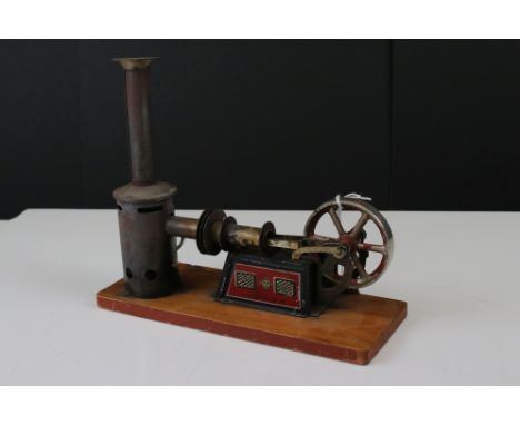 German Stirling engine model on wooden stand, marked GBN 2 DRGM, showing use, plinth 8.5" x 3.5" 