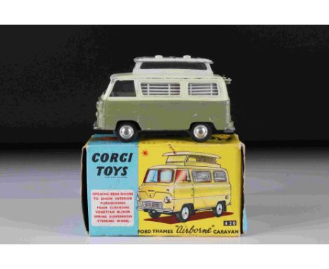 Boxed Corgi 420 Ford Thames Airborne Caravan diecast model in dark green and cream, some paint loss, fair-gd box