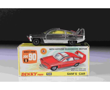 Boxed Dinky 108 Joe 90 Sam's Car diecast model in metallic silver, yellow interior, diecast vg, gd box 