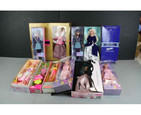 Nine boxed Mattel Barbie dolls to include Timeless Silhouette, 2 x Chic, Bridesmaid, 2 x Flower Mania, Winter Rhapsody, Winte