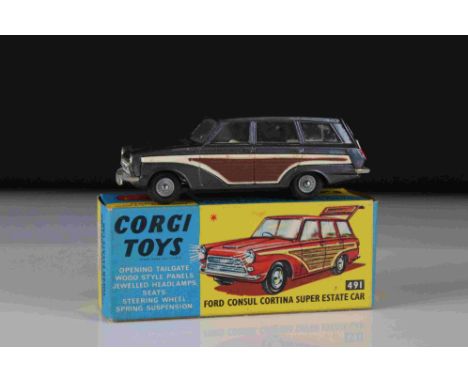 Boxed Corgi 491 Ford Consul Cortina Super Estate Car diecast model in grey with wood panel effect to sides, diecast &amp; box