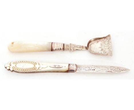 Mixed Lot: Victorian silver and mother of pearl fruit knife, the engraved blade Sheffield 1873, maker's mark Martin Hall &amp