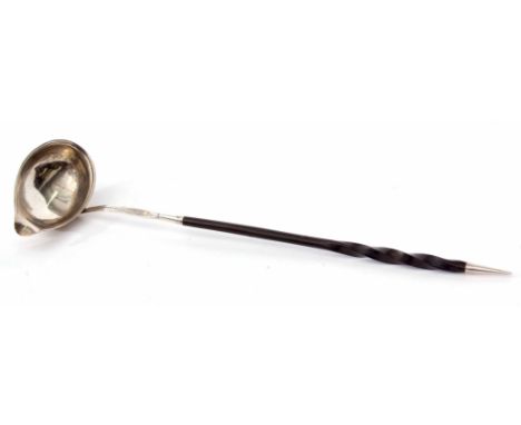 George III whalebone handled toddy ladle, the plain polished oval bowl to a bright cut stem with twisted whalebone handle and