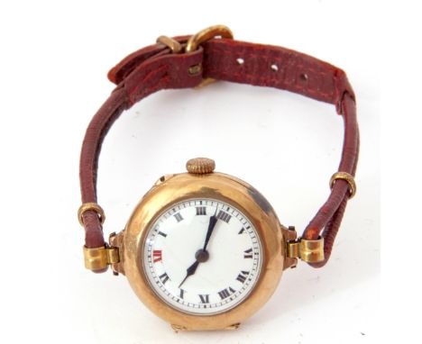 First quarter of 20th century ladies import hallmarked 9ct gold cased wrist watch with side button wind, blued steel hands to