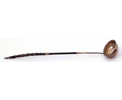 Georgian punch ladle with beaded oval silver bowl and part stem, horn handle, marks almost erased, 39cm long (a/f)   