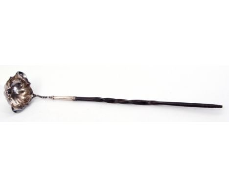 Early George III punch ladle with shaped oval bowl, twist whalebone handle, well marked for London 1760 by David Mowden, 45cm