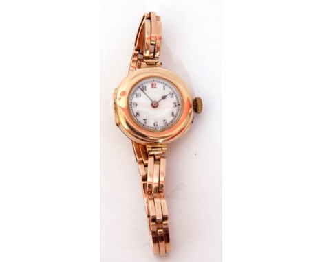 First quarter of 20th century ladies hallmarked 9ct gold cased wrist watch having blued steel hands to a masked enamelled dia
