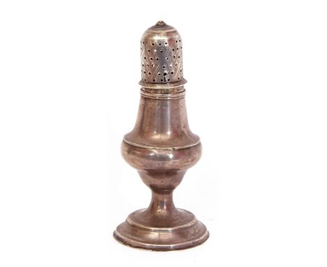 Georgian silver caster of baluster form, the chased domed lid pierced with a bead finial, 13cm high, marks rubbed, 70gms (a/f