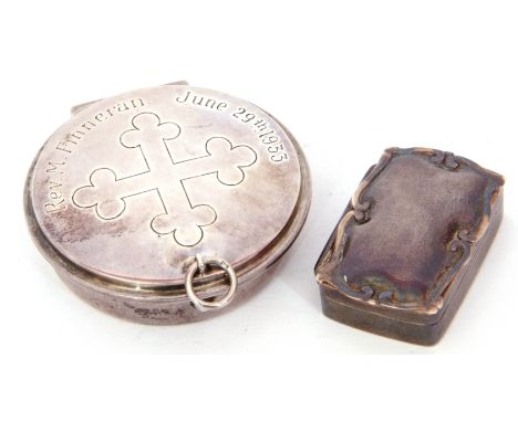 Mixed Lot: silver Communion wafer box of circular form, the hinged lid engraved with a Celtic cross and inscribed "Rev M Finn