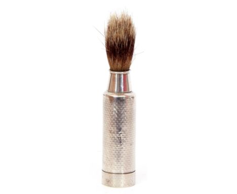 Victorian silver travelling three part shaving brush of cylindrical form, engine turned decoration, Chester 1884, maker's mar