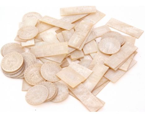 Quantity of Chinese mother of pearl gaming counters, rectangular and circular shaped, engraved with Chinese figures within a 